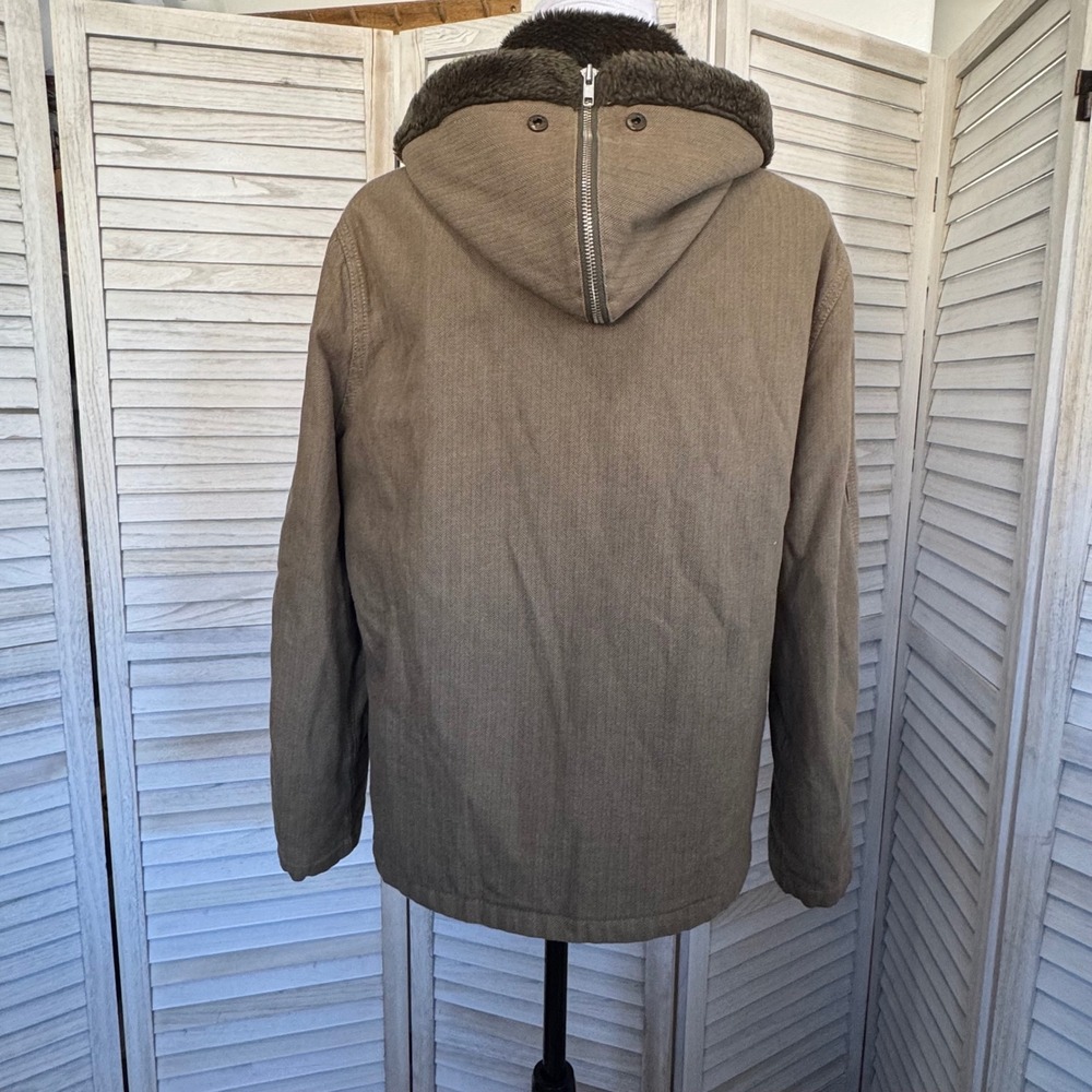 Planet Earth Women's Olive Green Herringbone Faux Fur Lined Hooded Jacket Small - Picture 4 of 14